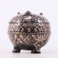 An exquisite bronze-inlaid silver animal-eared tripod jar with lid