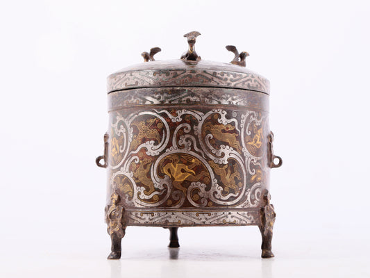 Wonderful Bronze Gold& Silver-Inlaid 'Auspicious Beast& Auspicious Cloud' Tripod Jar And Cover