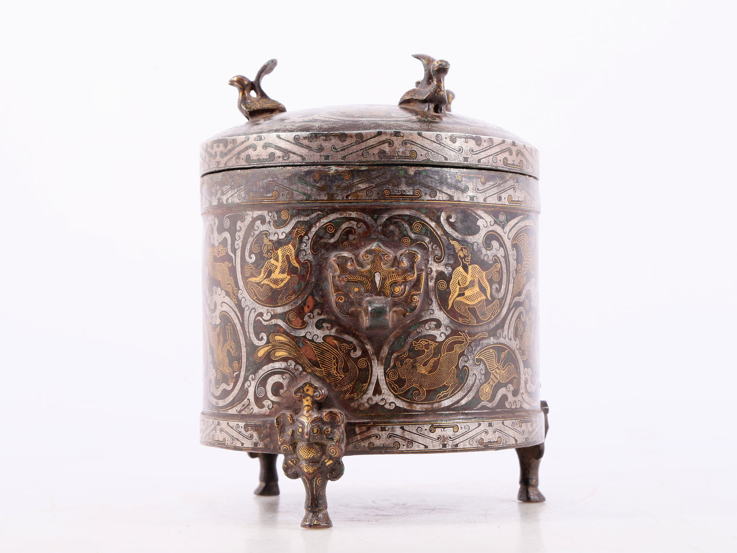 Wonderful Bronze Gold& Silver-Inlaid 'Auspicious Beast& Auspicious Cloud' Tripod Jar And Cover