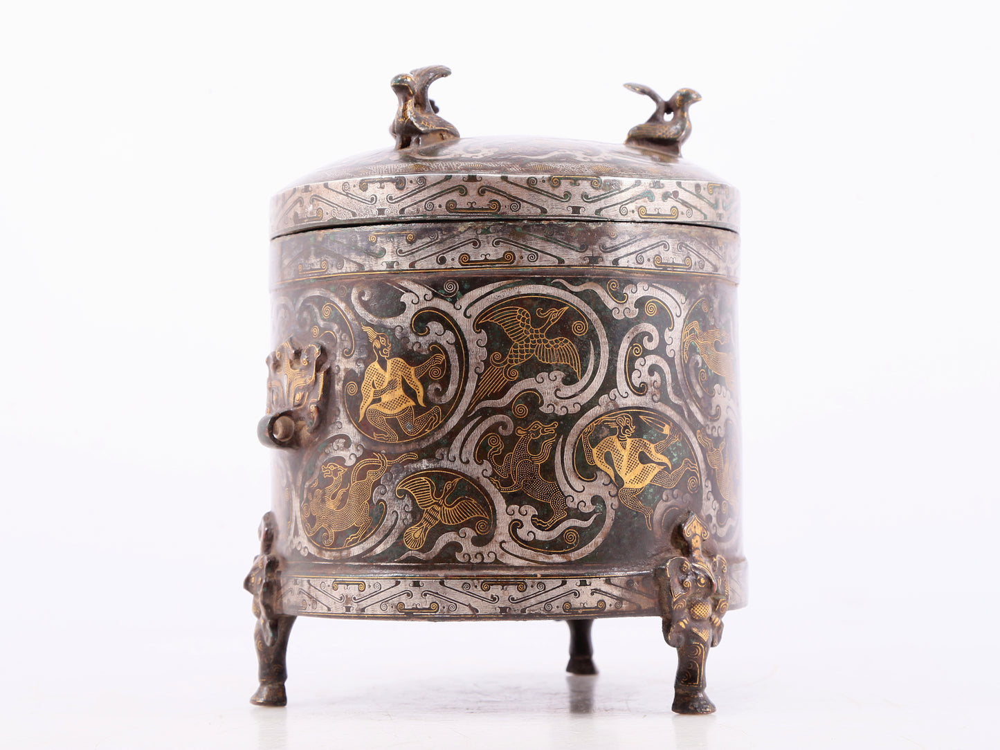 Wonderful Bronze Gold& Silver-Inlaid 'Auspicious Beast& Auspicious Cloud' Tripod Jar And Cover