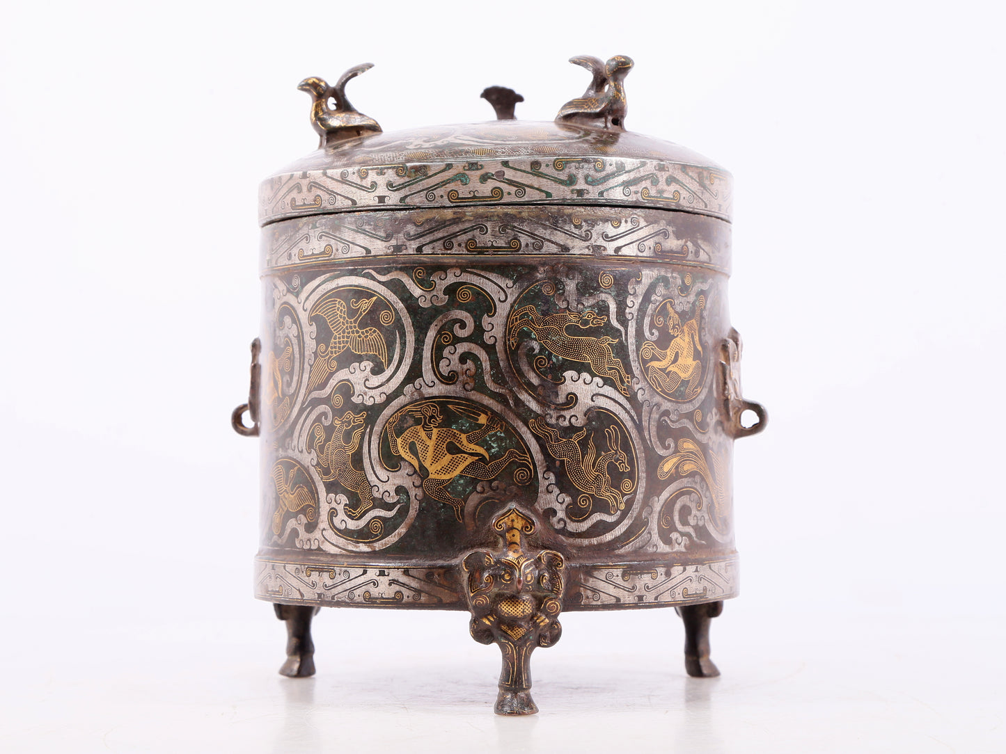 Wonderful Bronze Gold& Silver-Inlaid 'Auspicious Beast& Auspicious Cloud' Tripod Jar And Cover