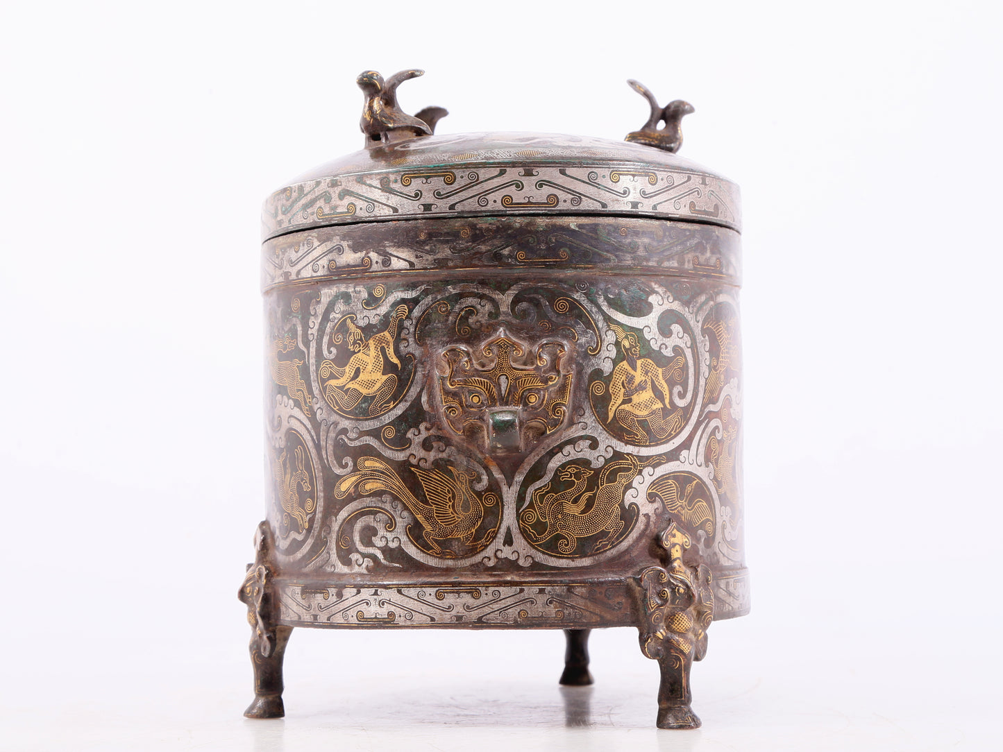 Wonderful Bronze Gold& Silver-Inlaid 'Auspicious Beast& Auspicious Cloud' Tripod Jar And Cover