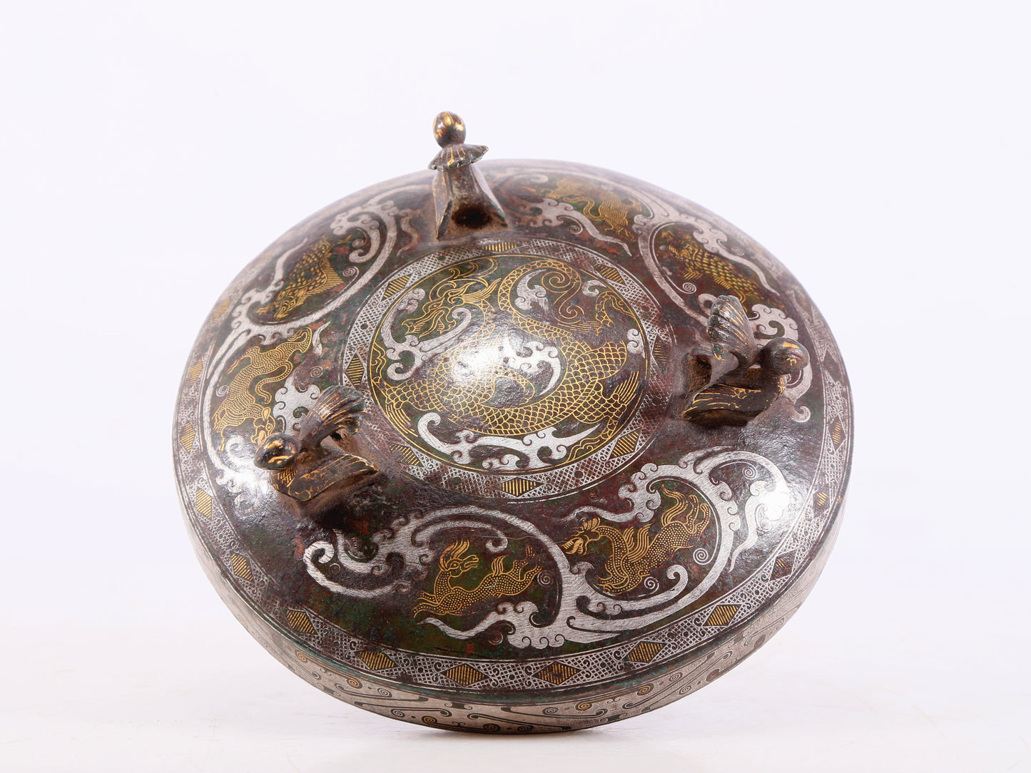 Wonderful Bronze Gold& Silver-Inlaid 'Auspicious Beast& Auspicious Cloud' Tripod Jar And Cover