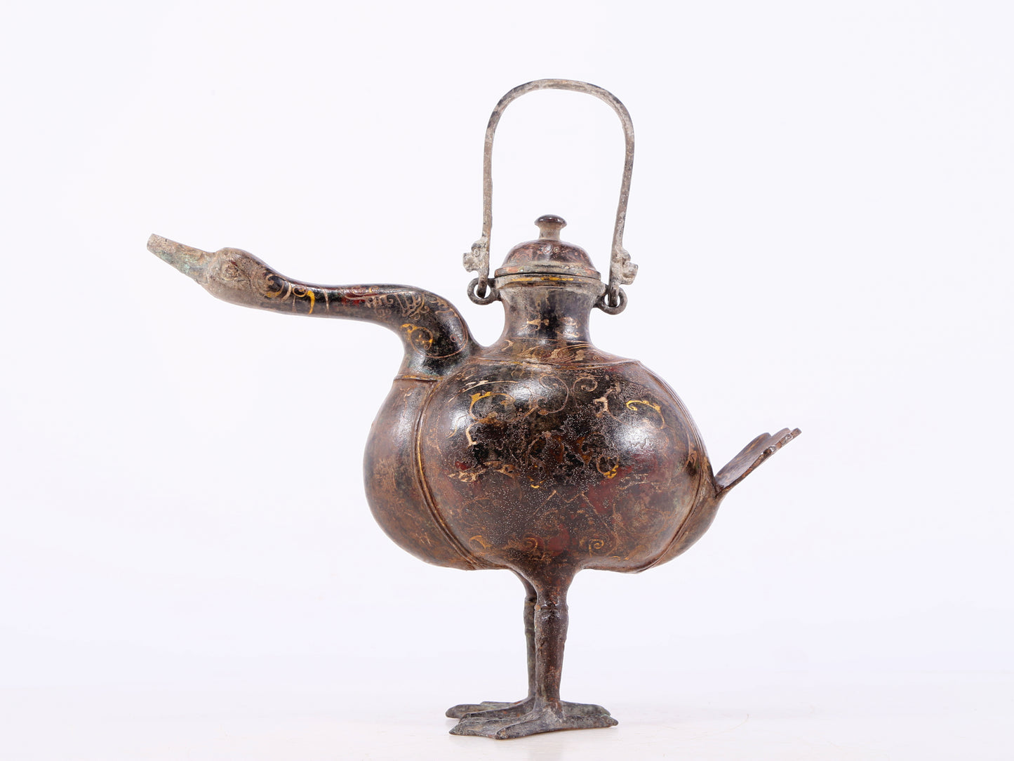 An exquisite bronze inlaid gold and silver duck-shaped ewer