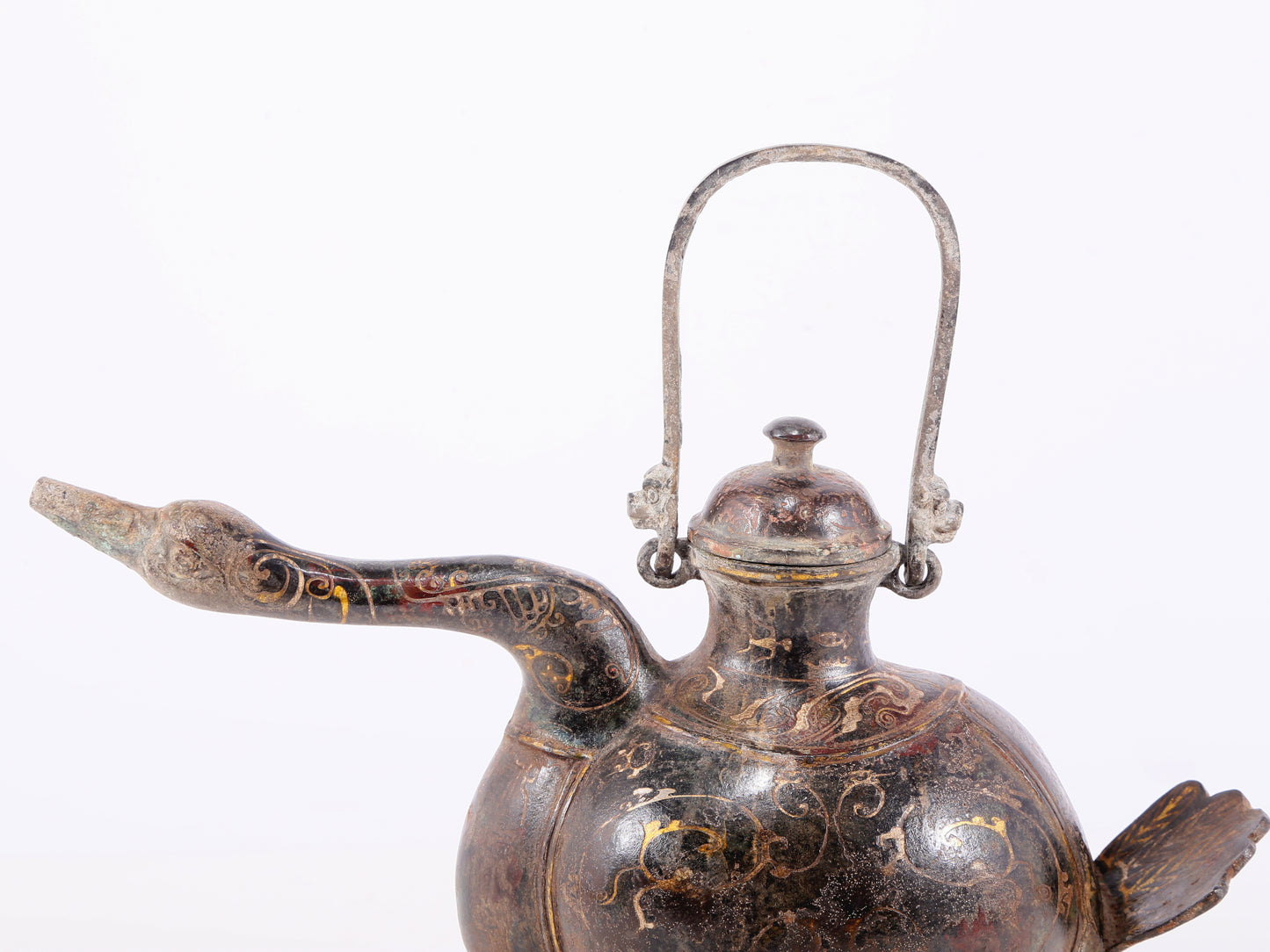 An exquisite bronze inlaid gold and silver duck-shaped ewer