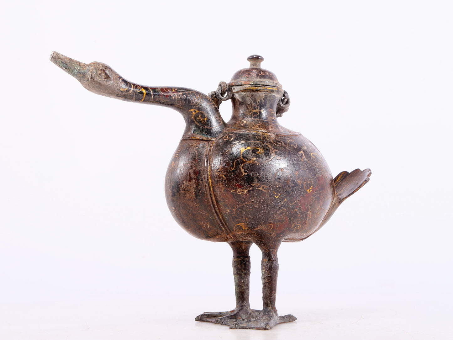 An exquisite bronze inlaid gold and silver duck-shaped ewer