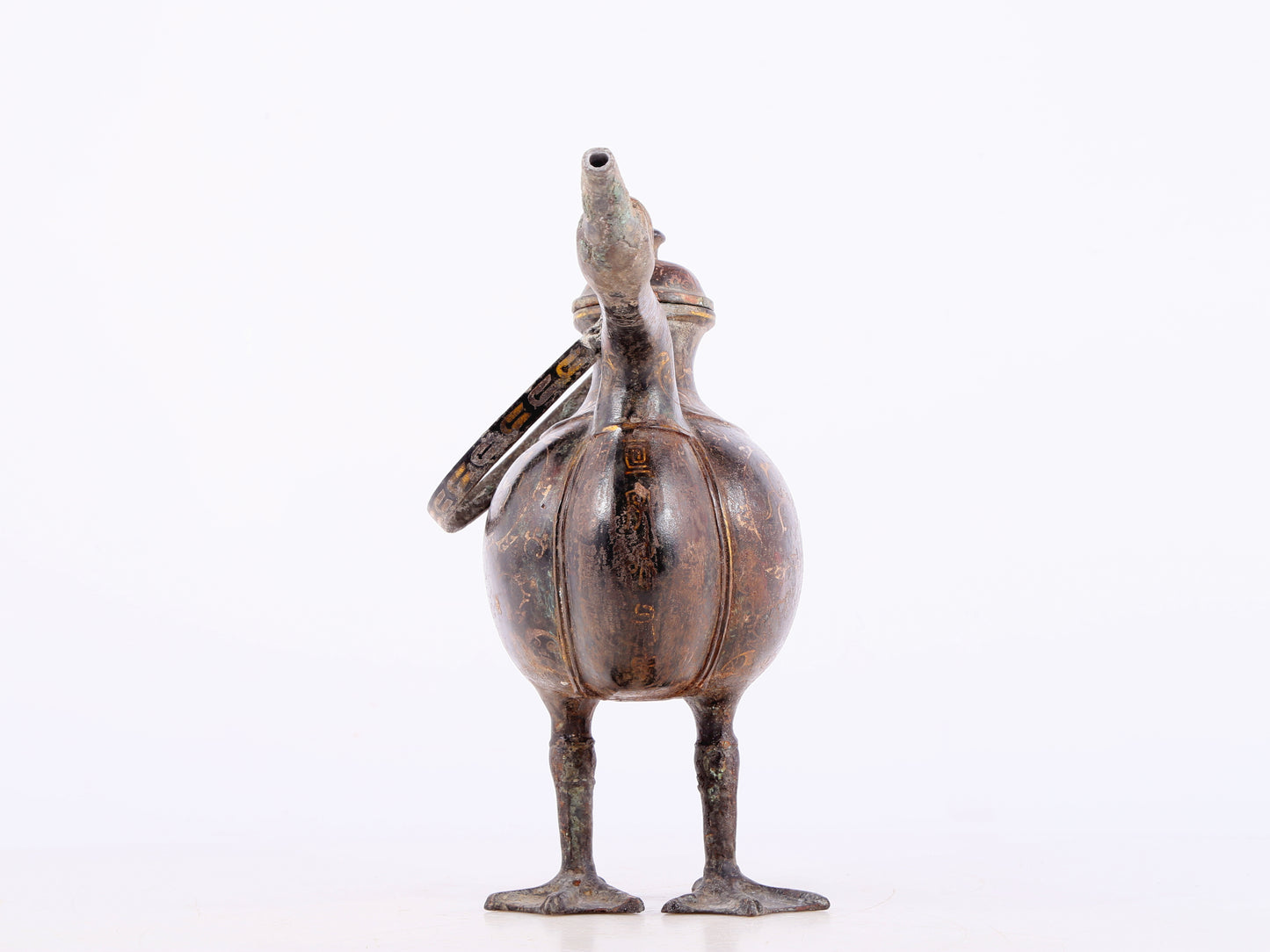 An exquisite bronze inlaid gold and silver duck-shaped ewer