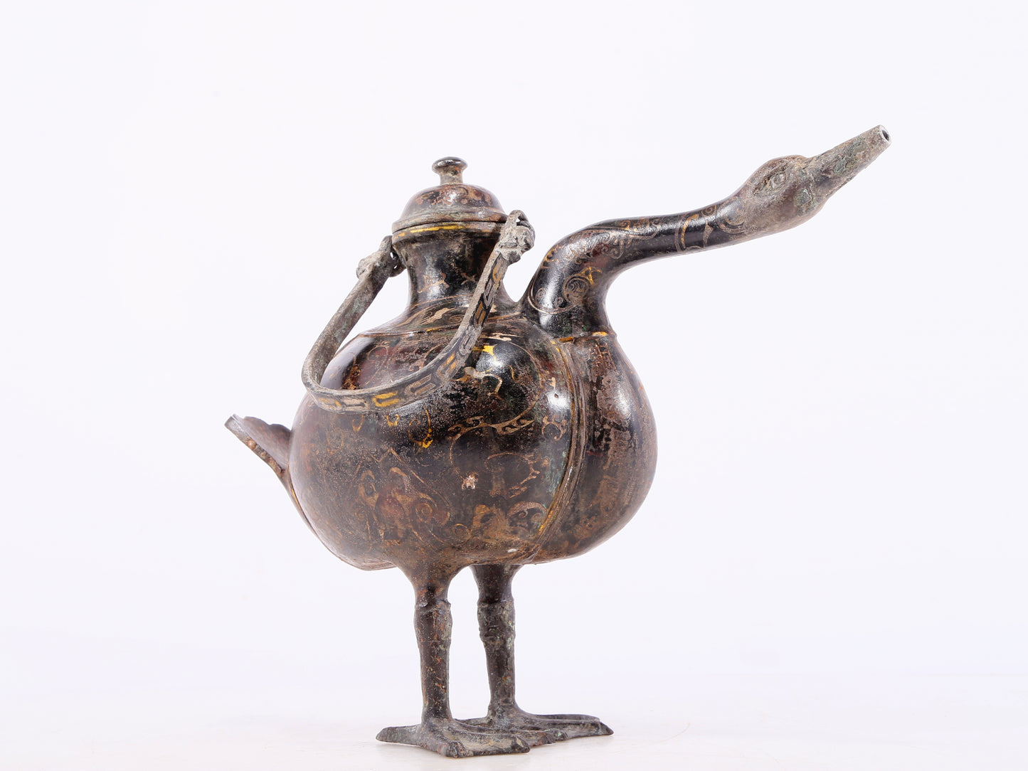 An exquisite bronze inlaid gold and silver duck-shaped ewer