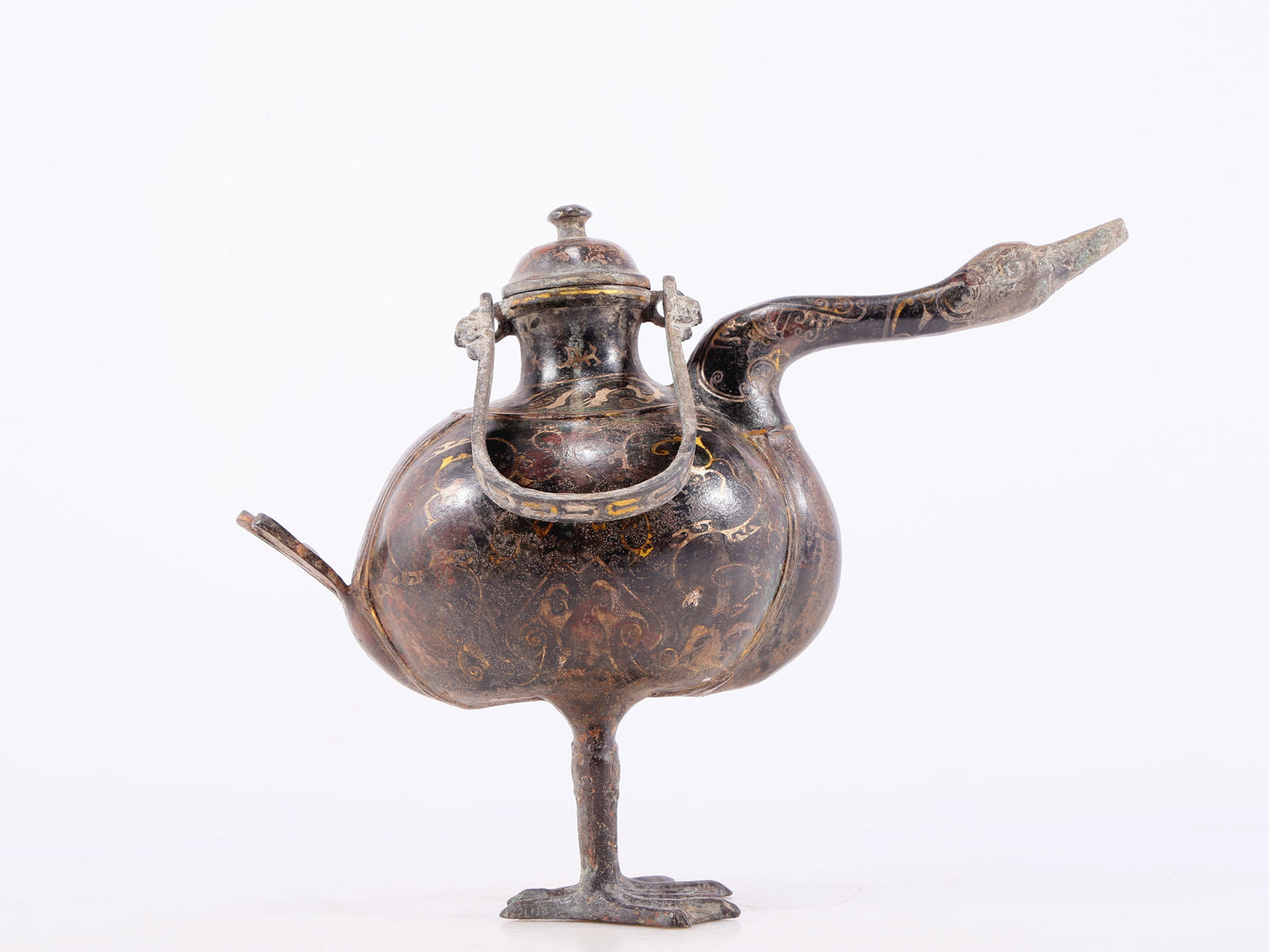 An exquisite bronze inlaid gold and silver duck-shaped ewer