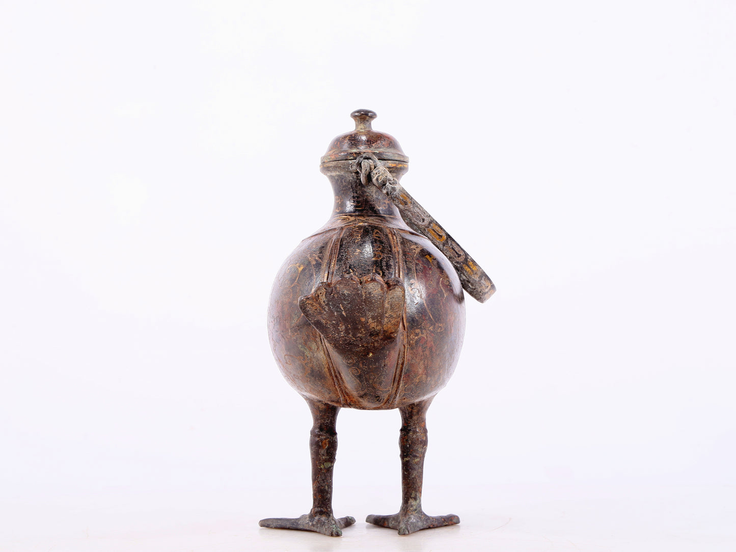 An exquisite bronze inlaid gold and silver duck-shaped ewer