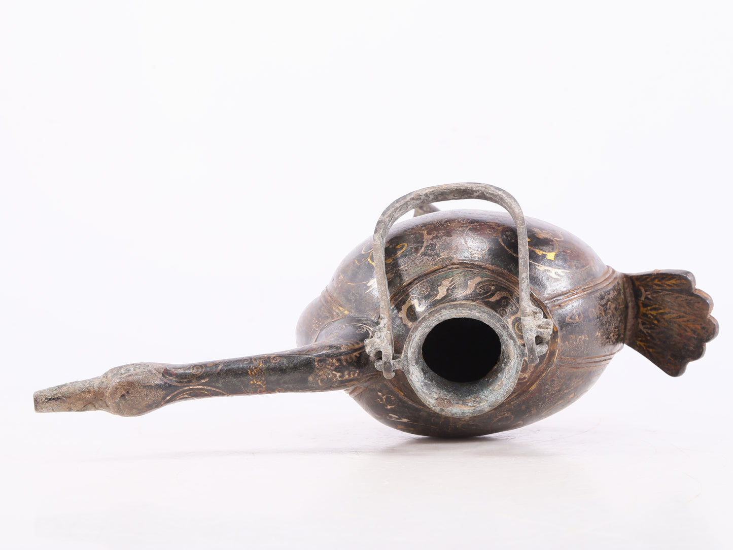 An exquisite bronze inlaid gold and silver duck-shaped ewer