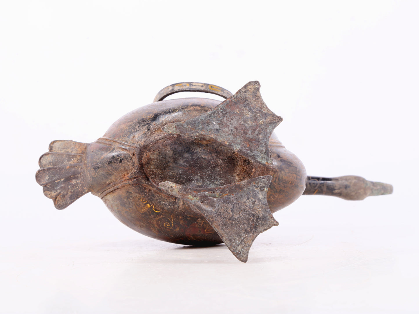 An exquisite bronze inlaid gold and silver duck-shaped ewer