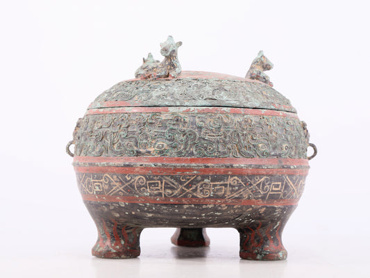 An exquisite bronze-painted dragon-patterned animal-eared tripod jar with lid