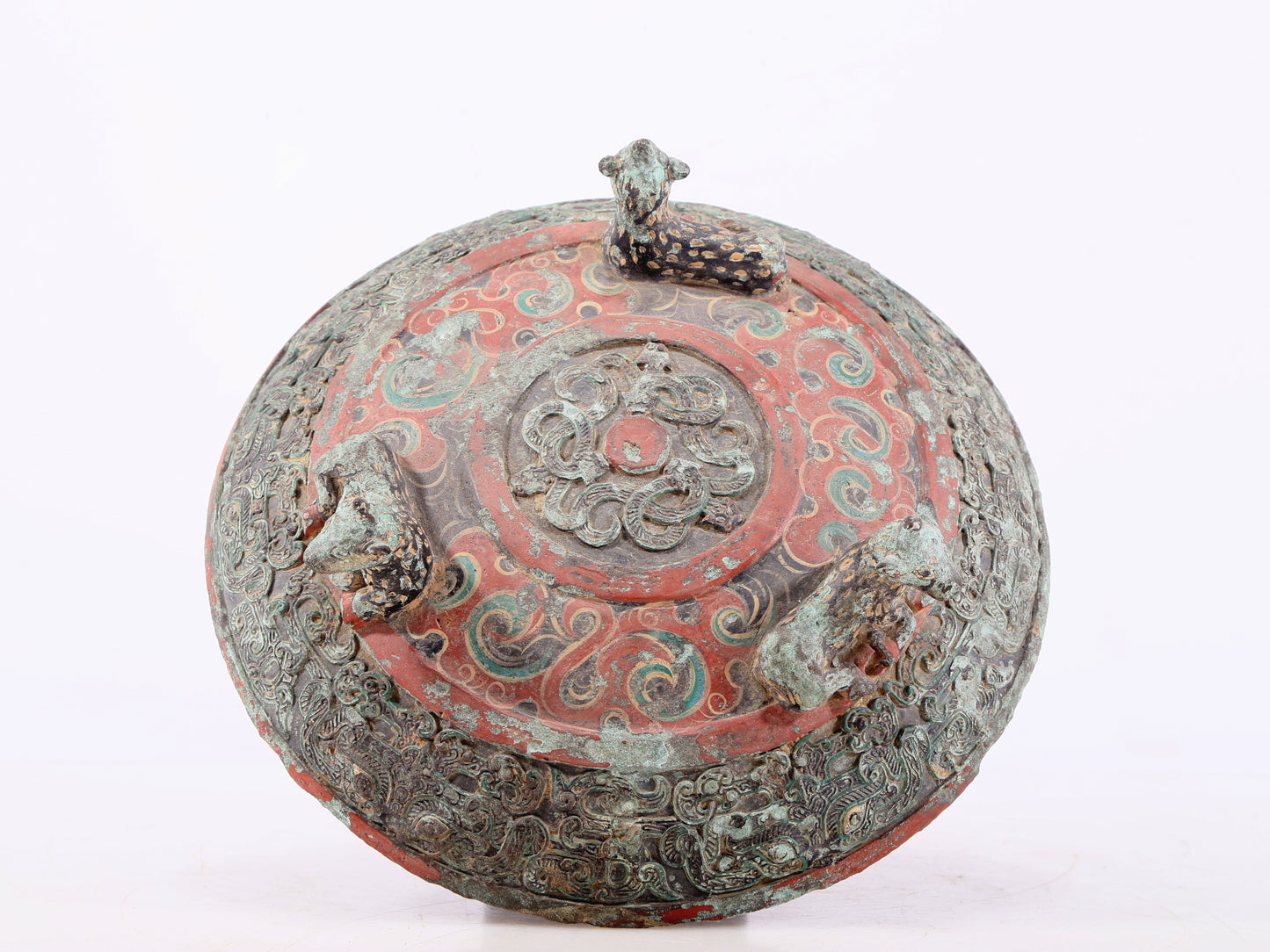 An exquisite bronze-painted dragon-patterned animal-eared tripod jar with lid