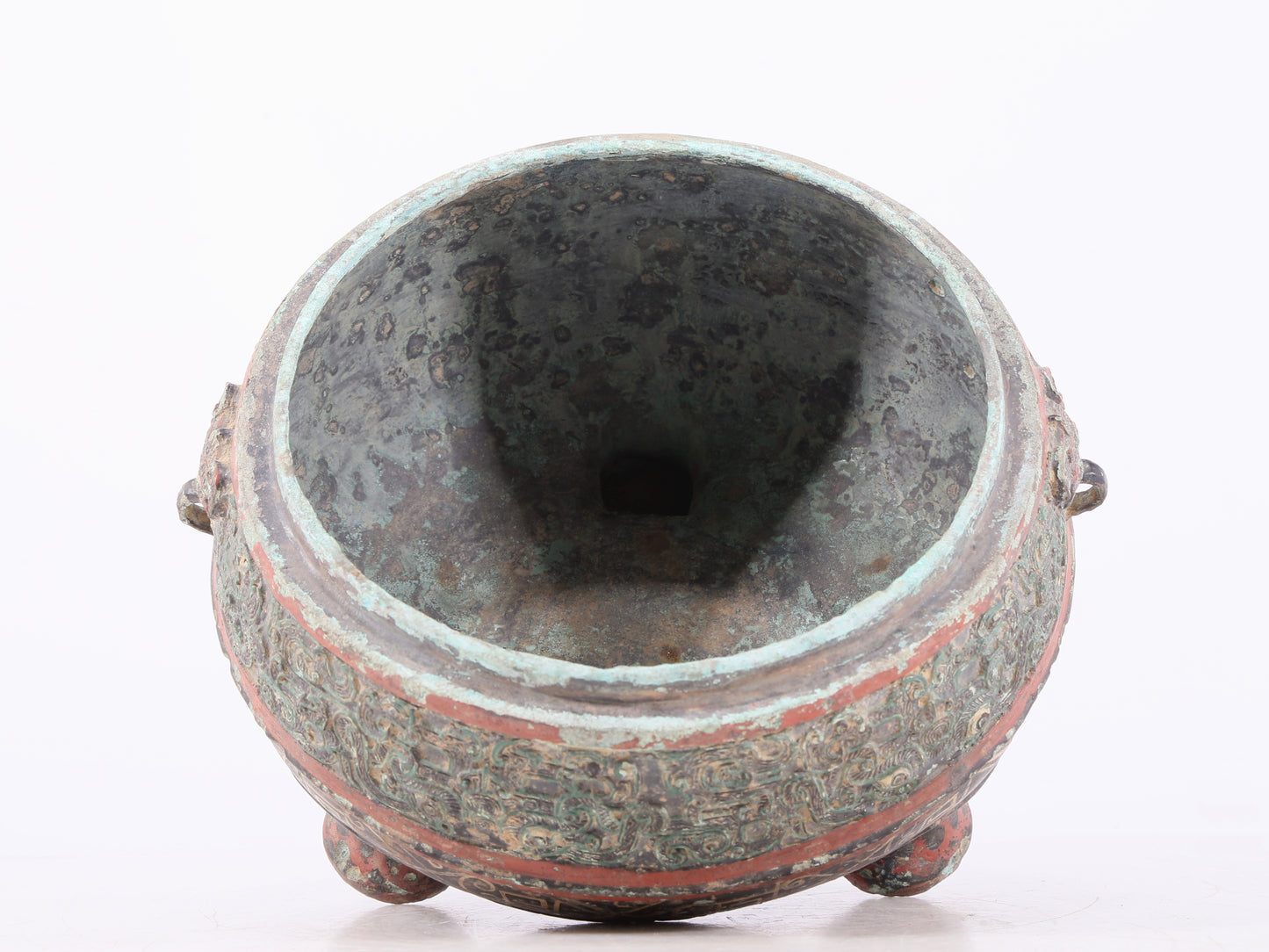 An exquisite bronze-painted dragon-patterned animal-eared tripod jar with lid