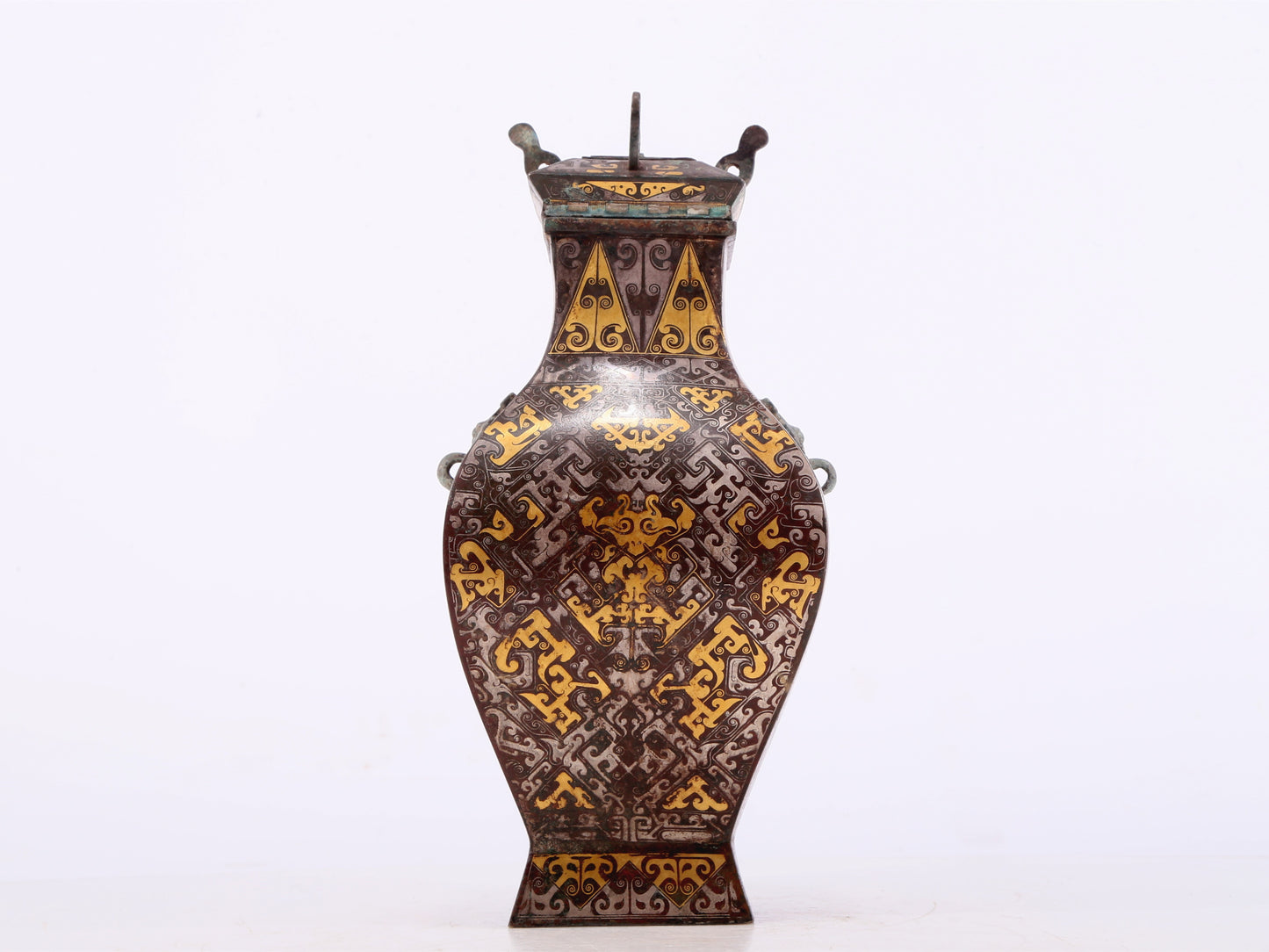 A Wonderful Bronze Gold& Silver-Inlaid 'Dragon' Beast-Handled Vase