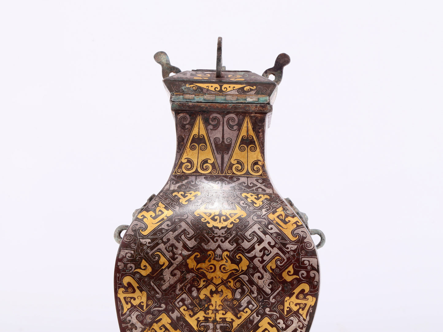 A Wonderful Bronze Gold& Silver-Inlaid 'Dragon' Beast-Handled Vase