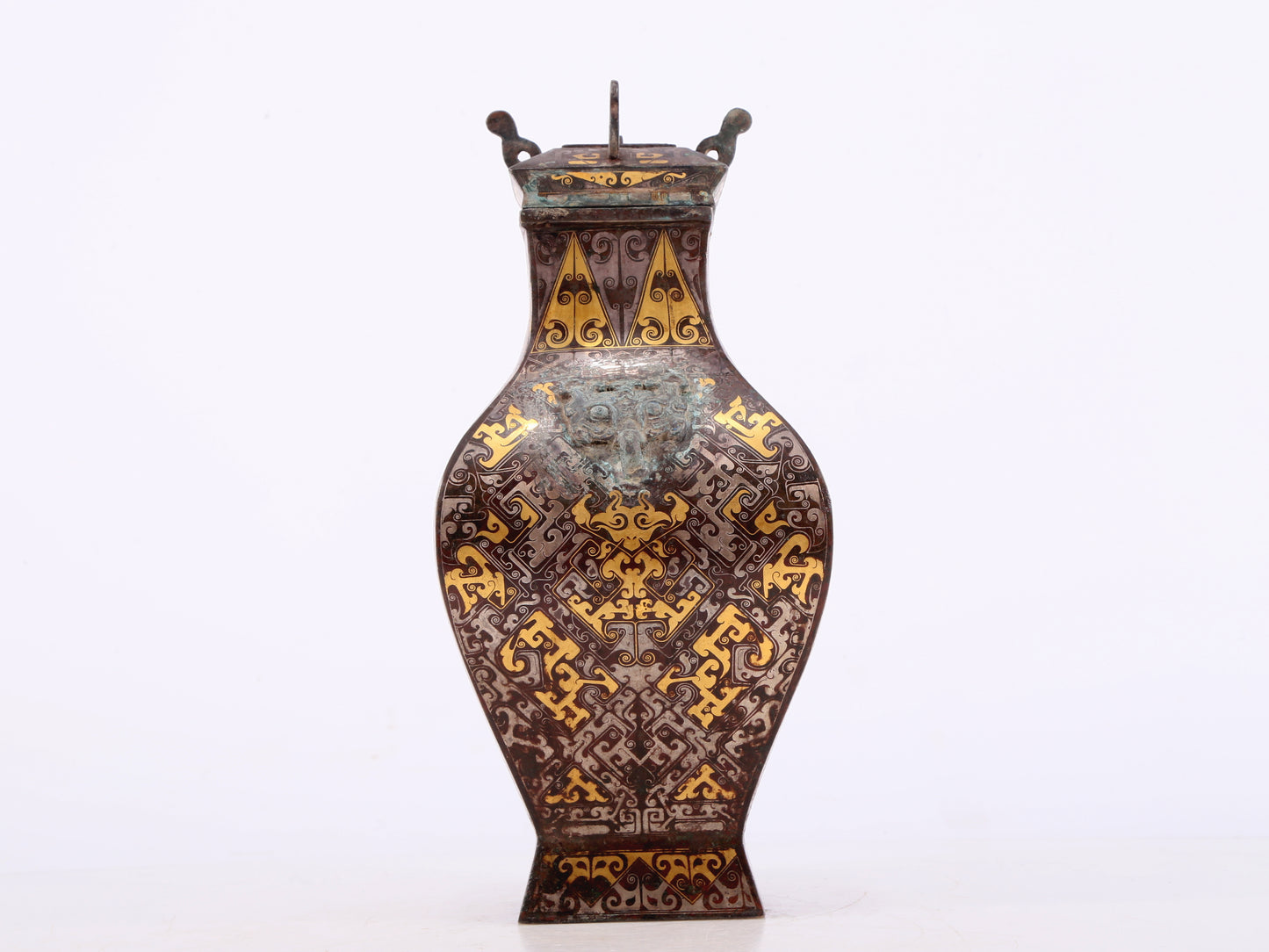 A Wonderful Bronze Gold& Silver-Inlaid 'Dragon' Beast-Handled Vase