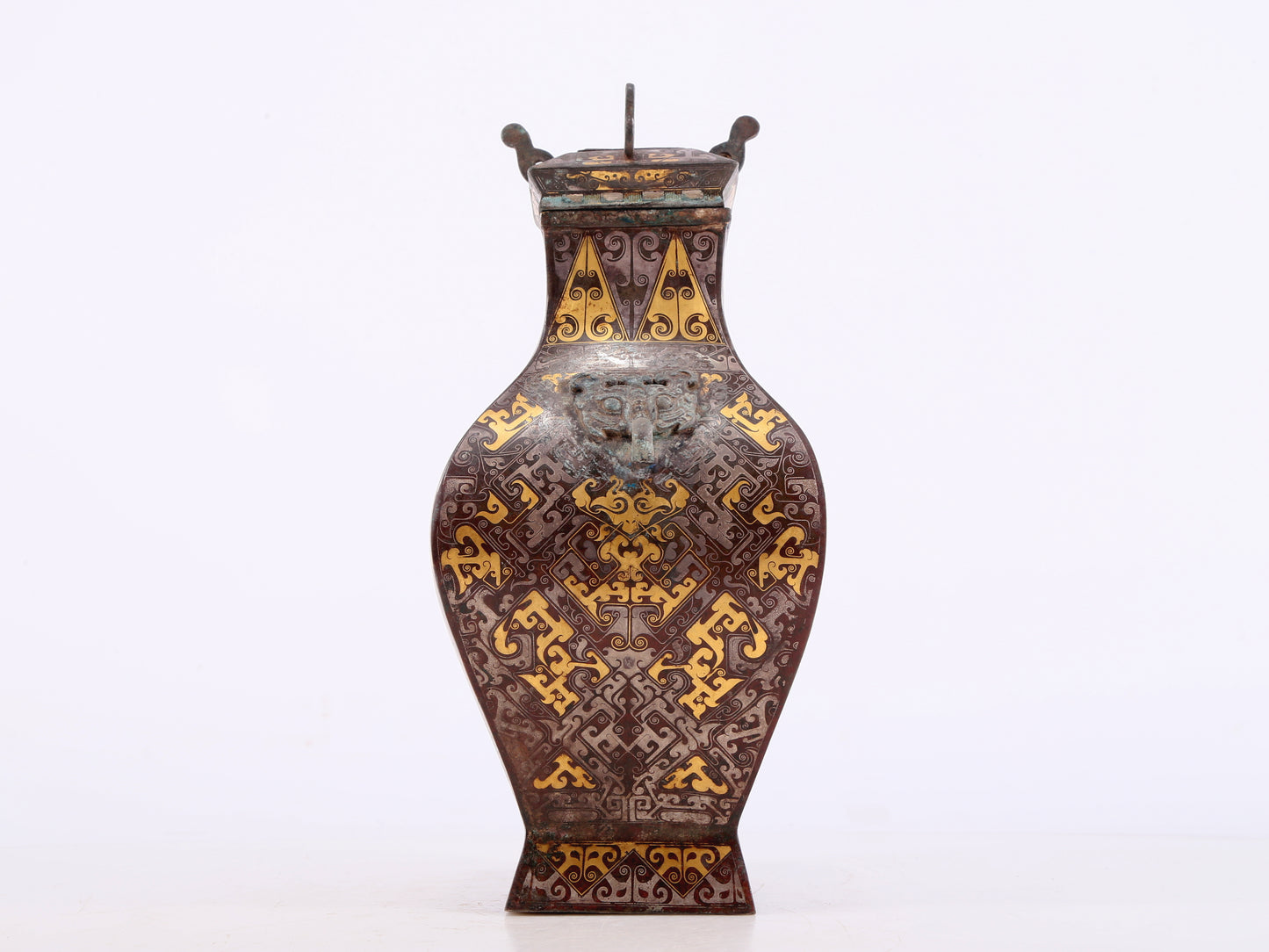 A Wonderful Bronze Gold& Silver-Inlaid 'Dragon' Beast-Handled Vase