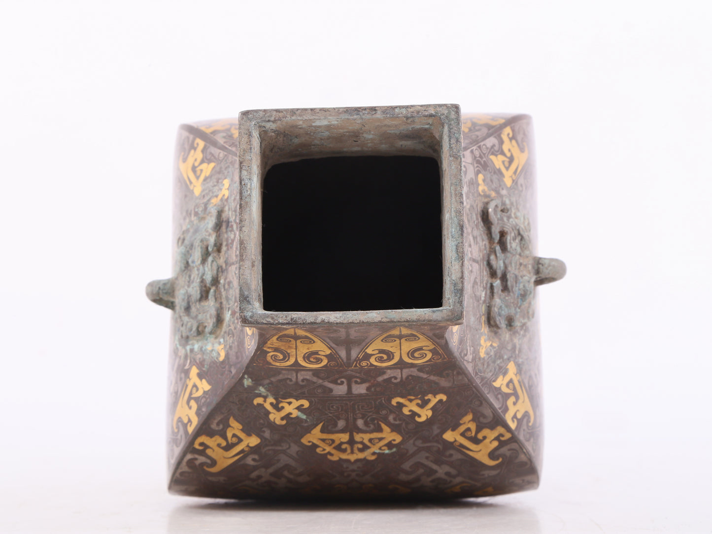 A Wonderful Bronze Gold& Silver-Inlaid 'Dragon' Beast-Handled Vase