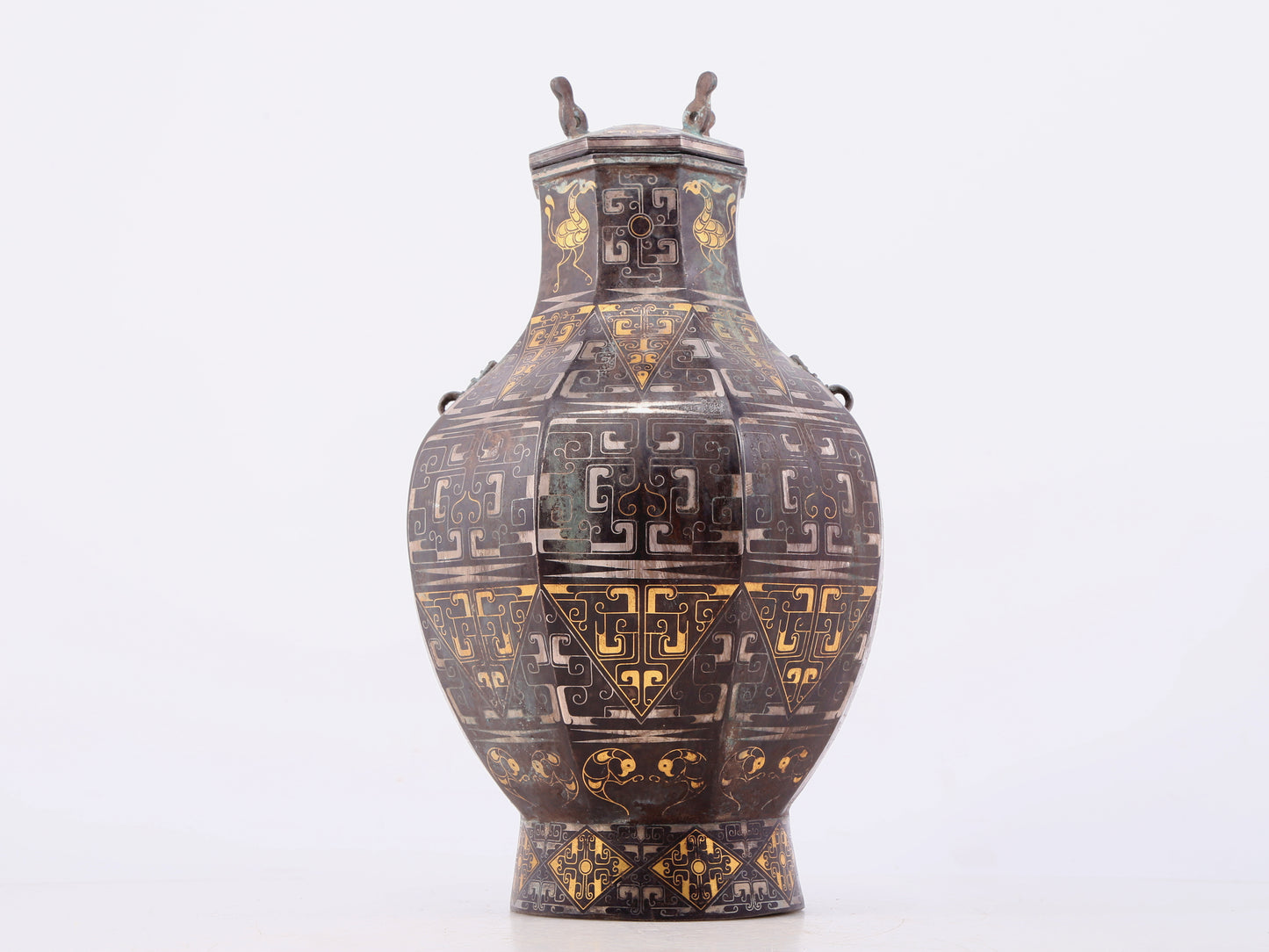 A Wonderful Bronze Gold& Silver-Inlaid 'Mythical Bird' Beast-Handled Vase And Cover
