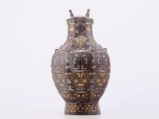 A Wonderful Bronze Gold& Silver-Inlaid 'Mythical Bird' Beast-Handled Vase And Cover