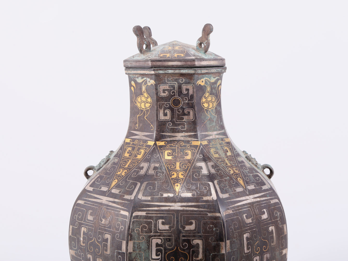 A Wonderful Bronze Gold& Silver-Inlaid 'Mythical Bird' Beast-Handled Vase And Cover