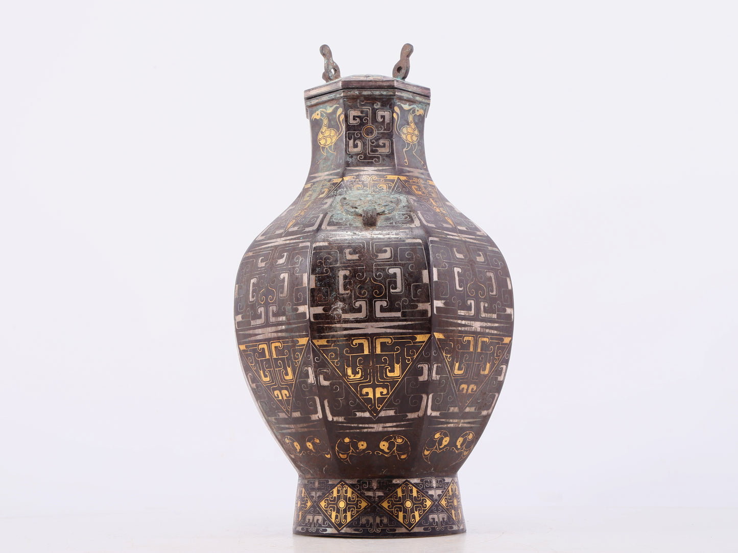 A Wonderful Bronze Gold& Silver-Inlaid 'Mythical Bird' Beast-Handled Vase And Cover