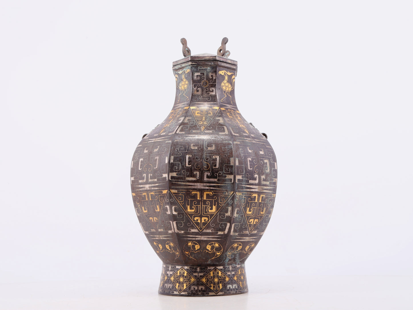 A Wonderful Bronze Gold& Silver-Inlaid 'Mythical Bird' Beast-Handled Vase And Cover