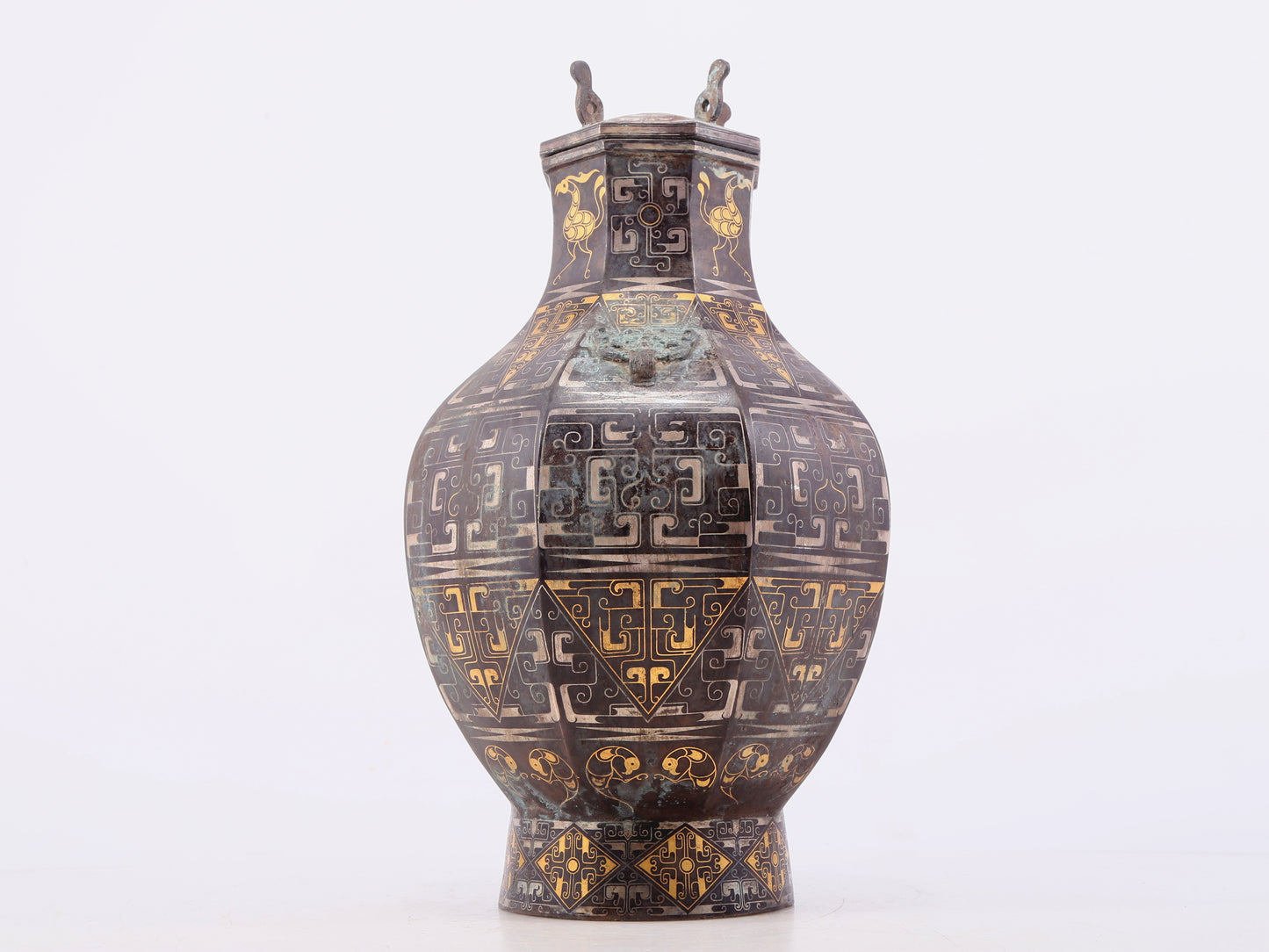 A Wonderful Bronze Gold& Silver-Inlaid 'Mythical Bird' Beast-Handled Vase And Cover