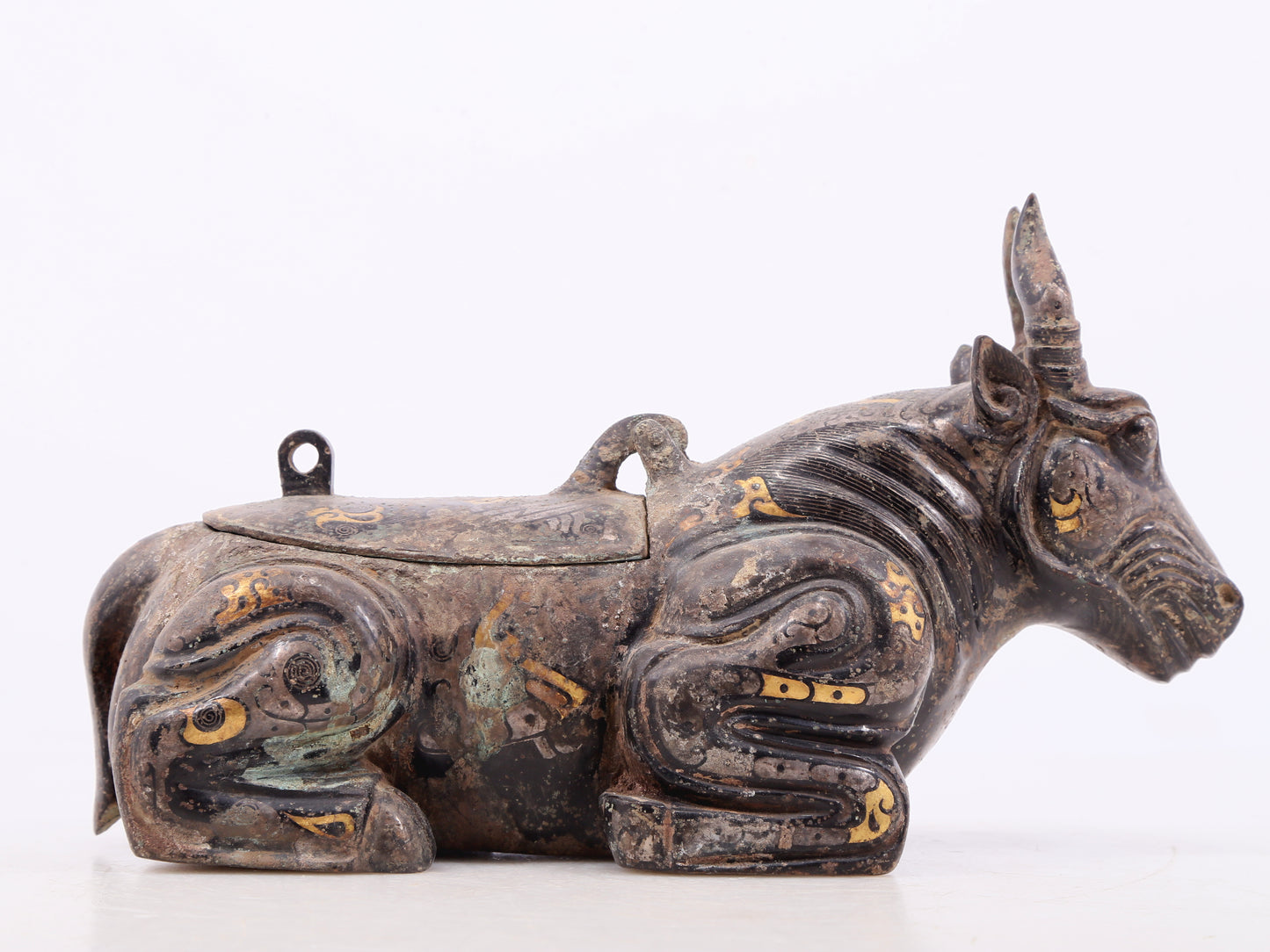 A Wonderful Bronze Gold& Silver-Inlaid 'Buffalo' Box With Inscriptions