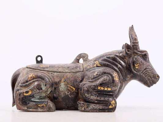 A Wonderful Bronze Gold& Silver-Inlaid 'Buffalo' Box With Inscriptions