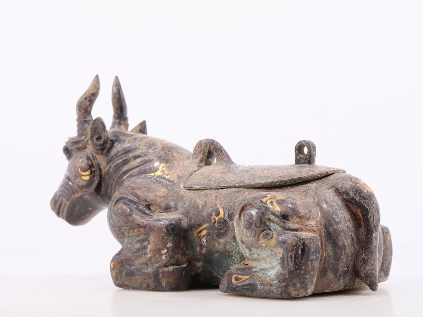 A Wonderful Bronze Gold& Silver-Inlaid 'Buffalo' Box With Inscriptions