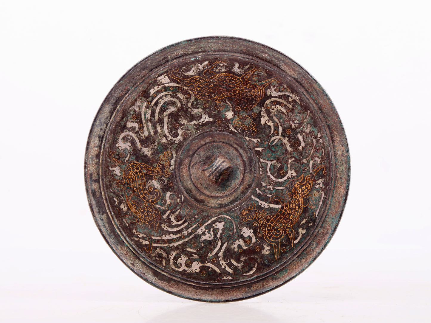 An exquisite bronze inlaid gold and silver round mirror with auspicious animal patterns