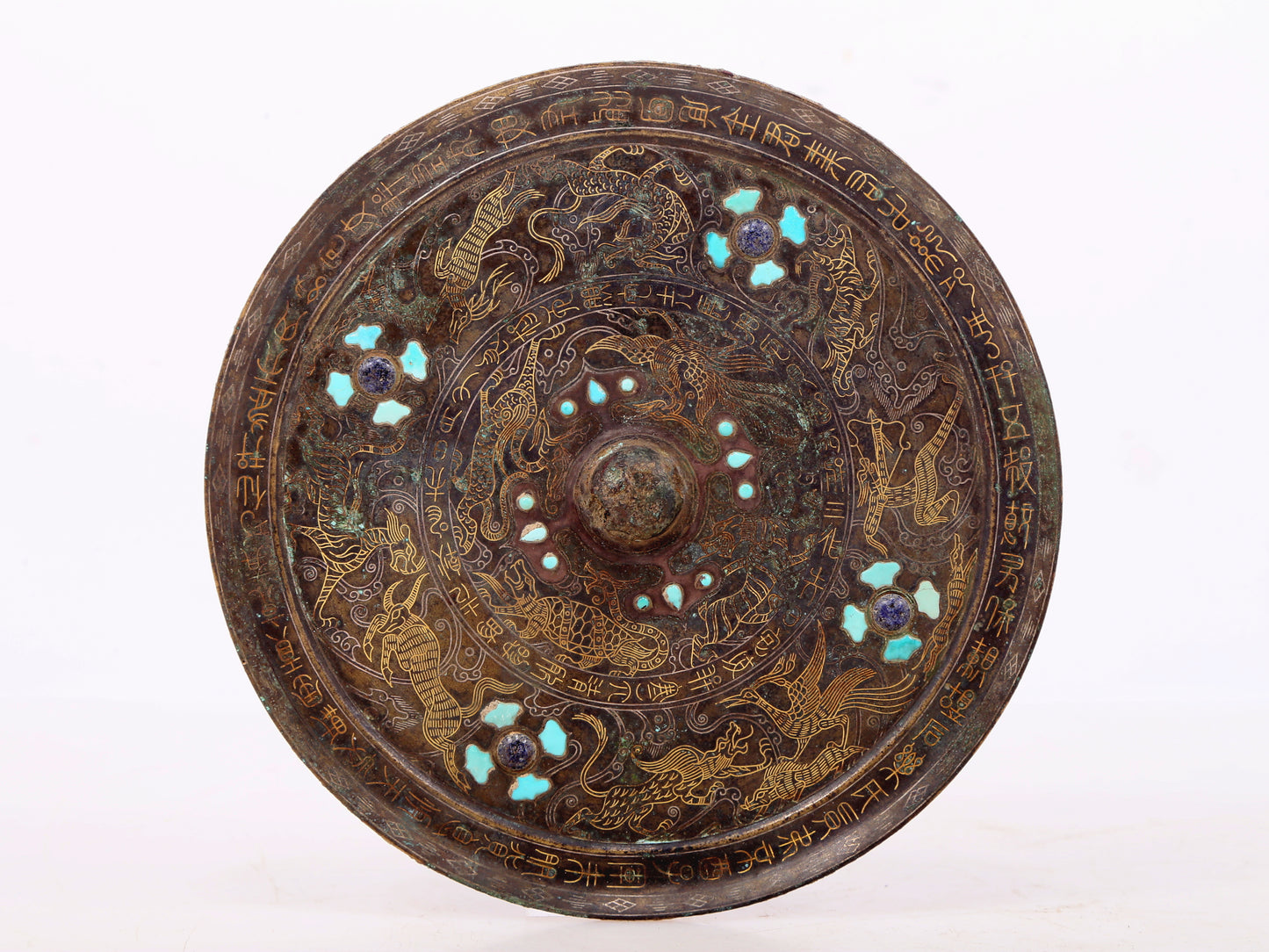 An exquisite bronze inlaid gold and silver round mirror with auspicious animal patterns