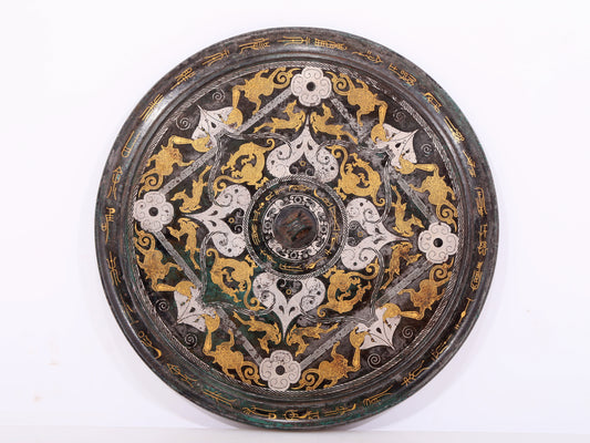 An exquisite bronze inlaid gold and silver round mirror with auspicious animal patterns