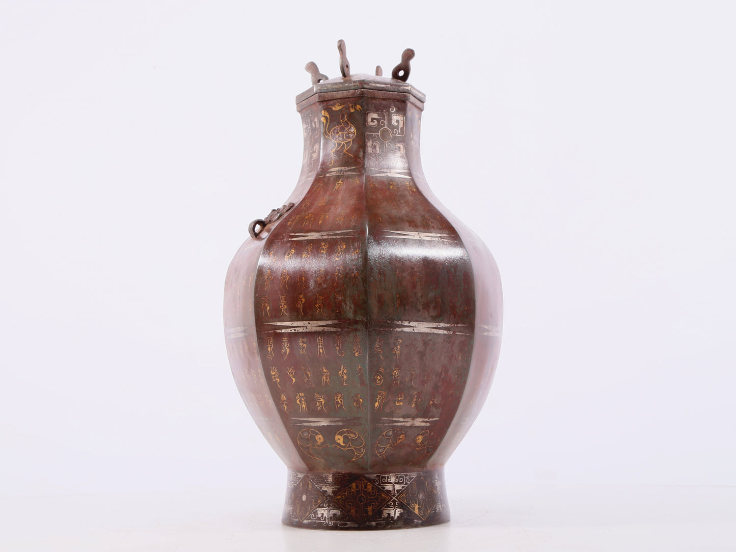 A Wonderful Bronze Gold& Silver-Inlaid Beast-Handled Vase And Cover With Inscriptions