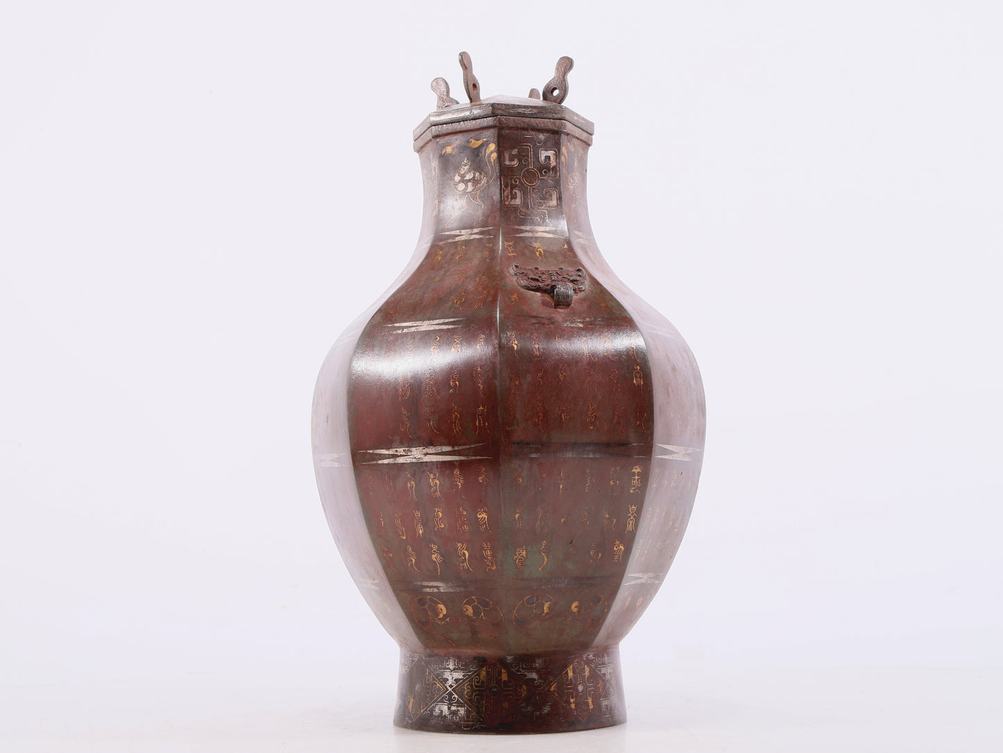 A Wonderful Bronze Gold& Silver-Inlaid Beast-Handled Vase And Cover With Inscriptions