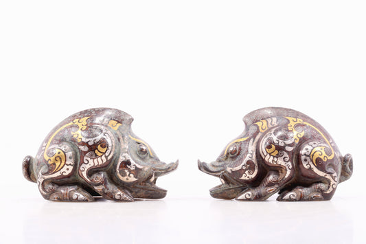 An Archaic Pair Of Bronze Gold& Silver-Inlaid Auspicious Beast