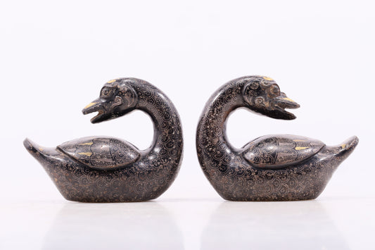 An Archaic Pair Of Bronze Gold& Silver-Mounted Swan