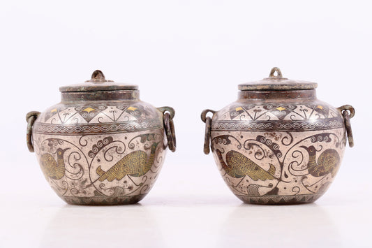 An Archaic Pair Of Bronze Gold& Silver-Inlaid 'Bird& Flower' Jar And Cover