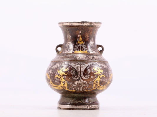 A pair of exquisite bronze amphora inlaid with gold and silver flowers and birds