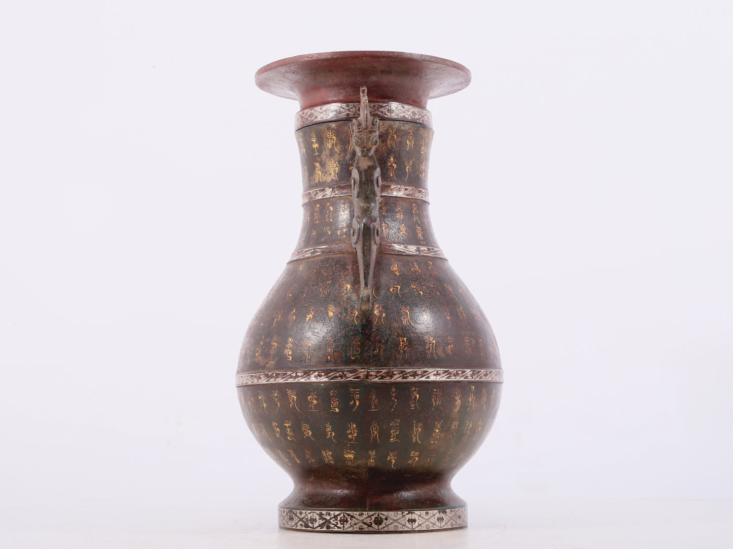 A Wonderful Bronze Gold& Silver-Inlaid Dragon-Handled Vase With Inscriptions