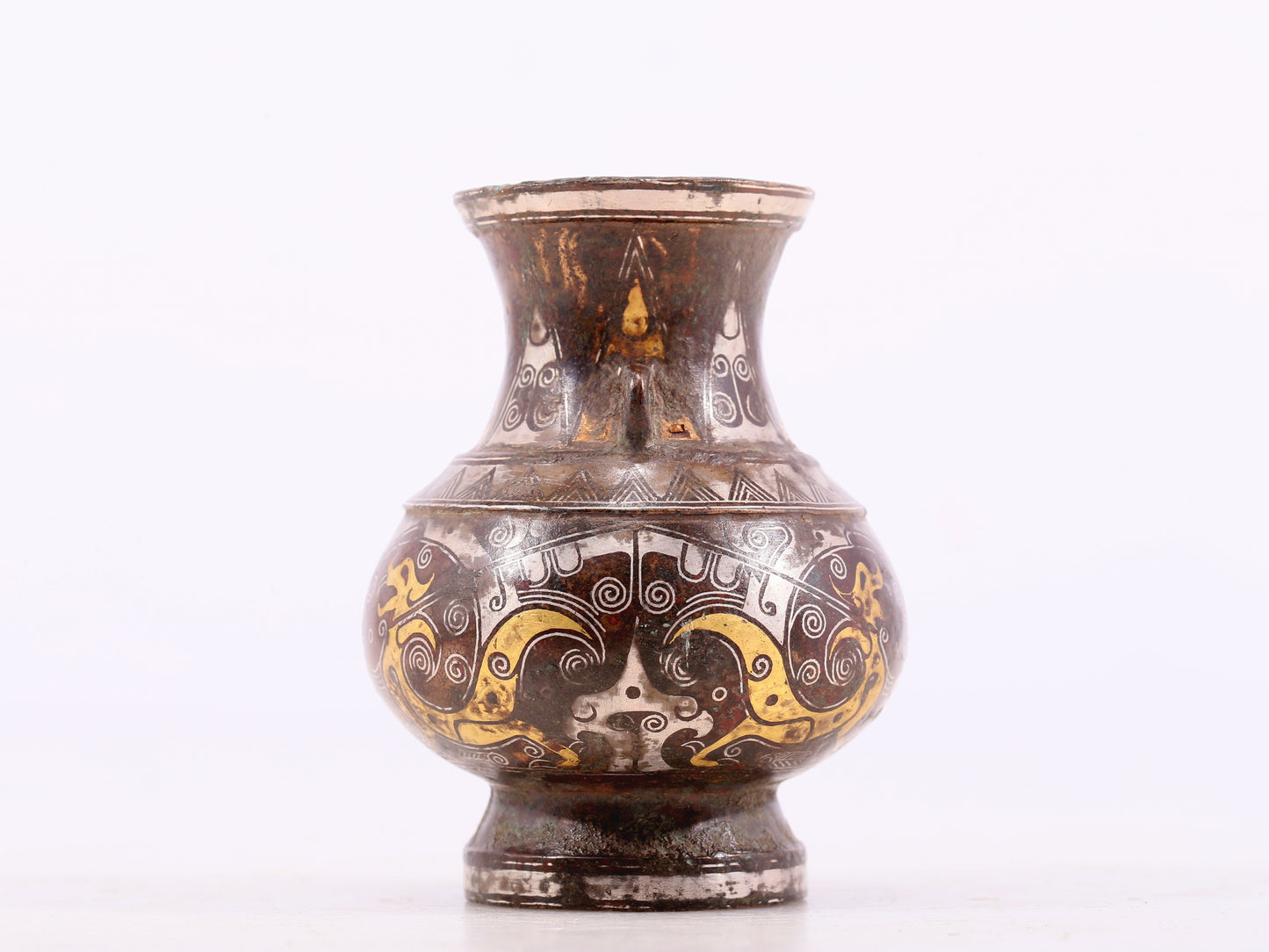 A pair of exquisite bronze amphora inlaid with gold and silver flowers and birds