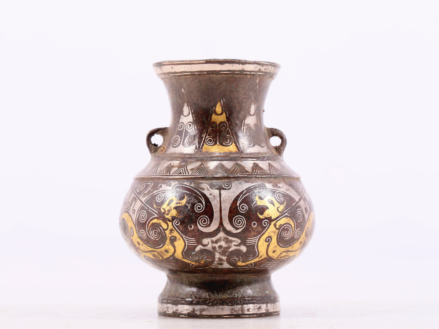 A pair of exquisite bronze amphora inlaid with gold and silver flowers and birds