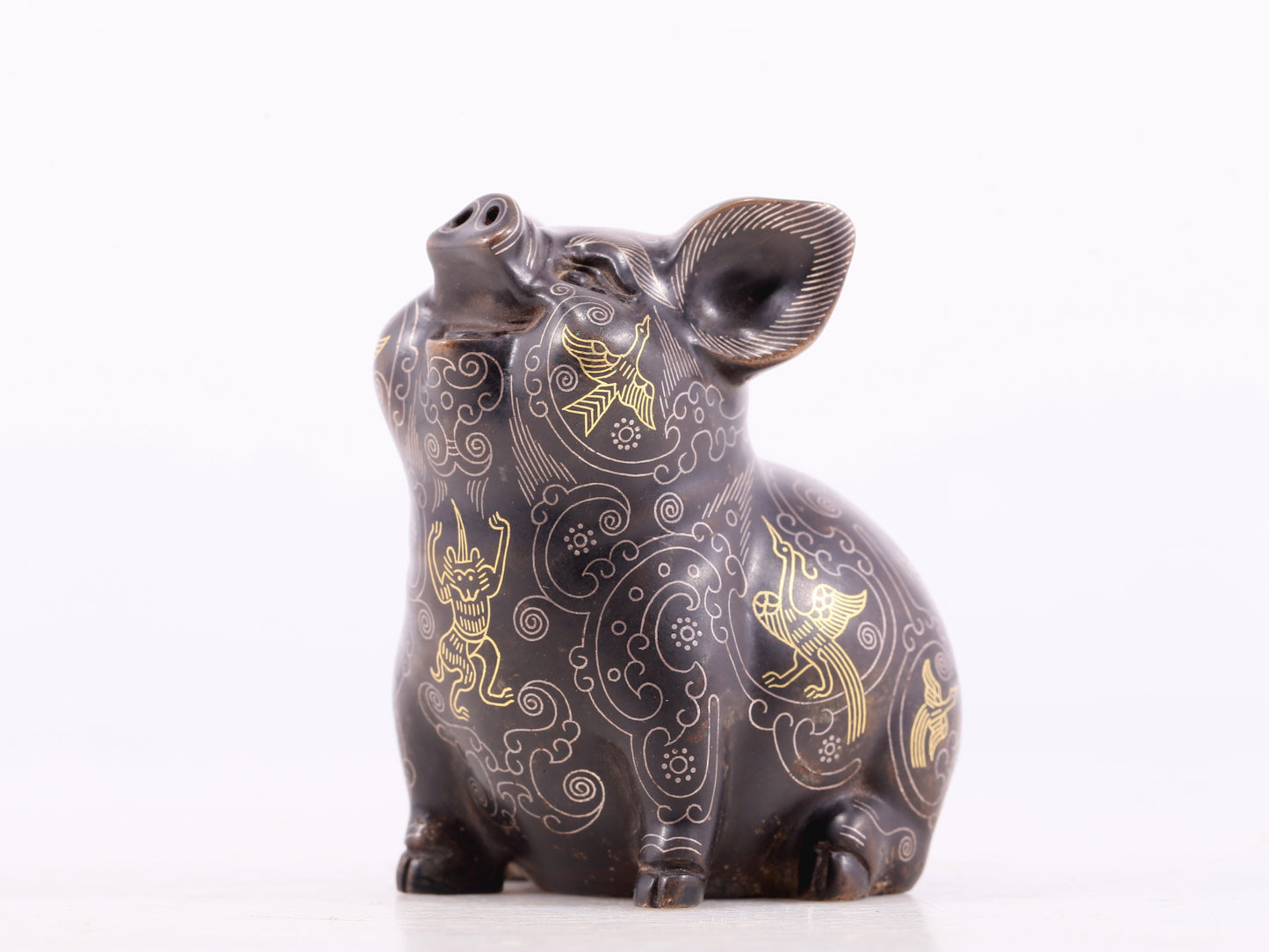 An Archaic Pair Of Bronze Gold& Silver-Mounted Boar