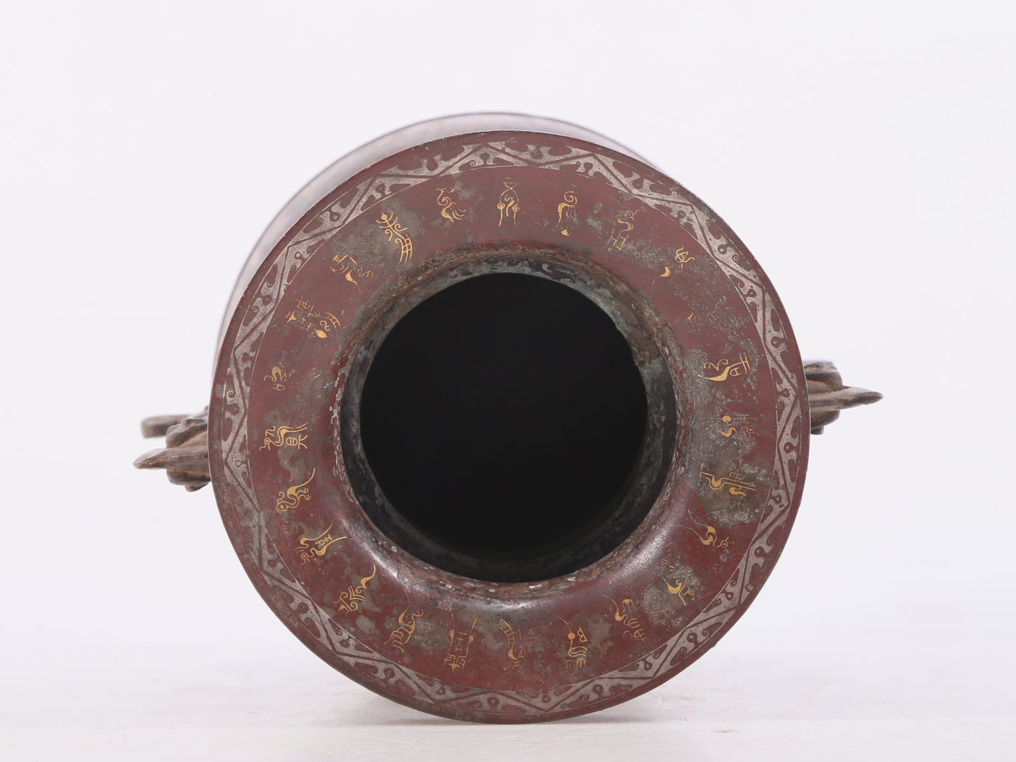 A Wonderful Bronze Gold& Silver-Inlaid Dragon-Handled Vase With Inscriptions