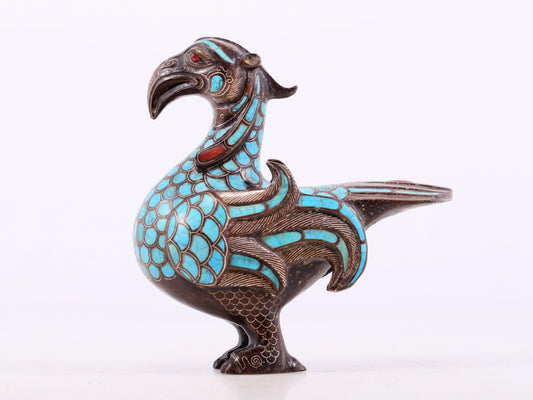 An Excellent Bronze Gold& Silver-Mounted Turquoise-Inlaid Bird