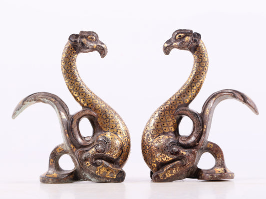 An Archaic Pair Of Bronze Gold& Silver-Inlaid Phoenixes