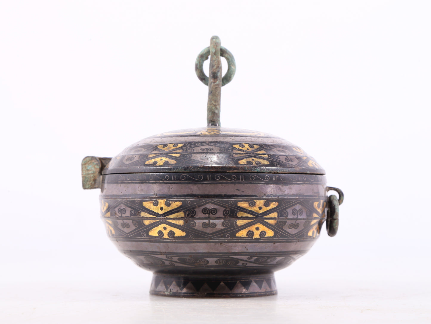 An Archaic Bronze Gold& Silver-Inlaid Oil Lamp-Form Box